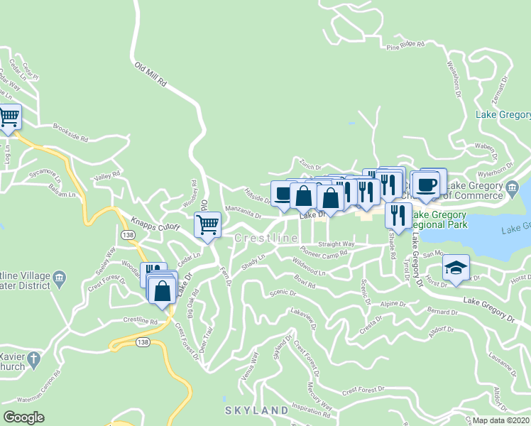 map of restaurants, bars, coffee shops, grocery stores, and more near 23728 Manzanita Drive in Crestline