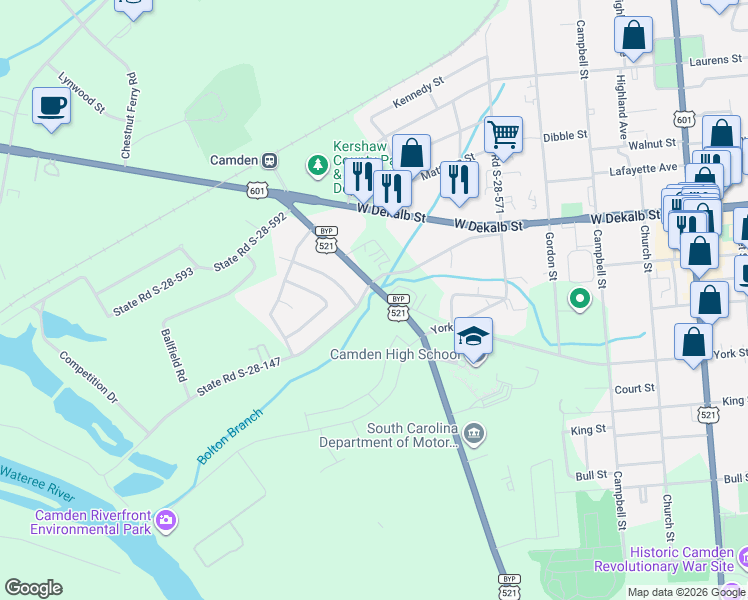 map of restaurants, bars, coffee shops, grocery stores, and more near 1201 Old River Road in Camden