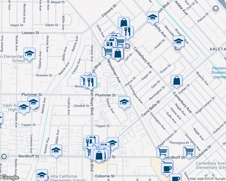map of restaurants, bars, coffee shops, grocery stores, and more near 9520 Sylmar Avenue in Los Angeles