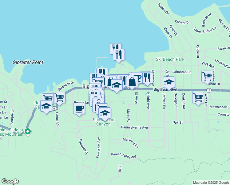 map of restaurants, bars, coffee shops, grocery stores, and more near in Big Bear Lake
