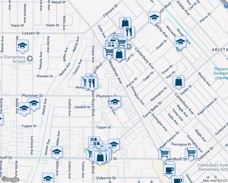 map of restaurants, bars, coffee shops, grocery stores, and more near 9520 Sylmar Avenue in Los Angeles