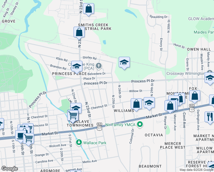 map of restaurants, bars, coffee shops, grocery stores, and more near 2416 Princess Place Drive in Wilmington