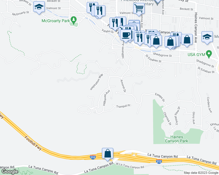 map of restaurants, bars, coffee shops, grocery stores, and more near Hillhaven Avenue & Reverie Road in Los Angeles