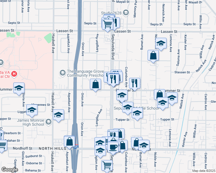 map of restaurants, bars, coffee shops, grocery stores, and more near 9505 Sepulveda Boulevard in Los Angeles