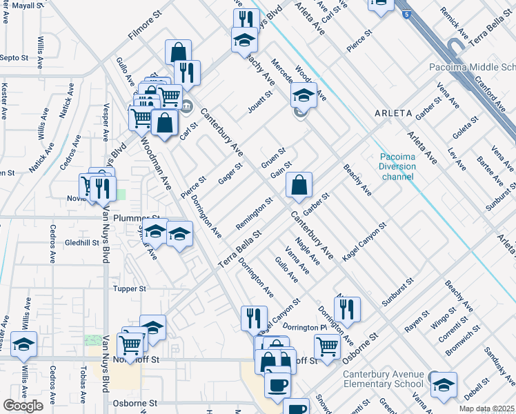 map of restaurants, bars, coffee shops, grocery stores, and more near 14148 Gain Street in Los Angeles