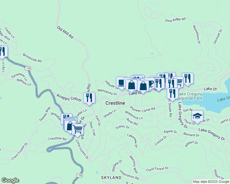 map of restaurants, bars, coffee shops, grocery stores, and more near 23728 Manzanita Drive in Crestline