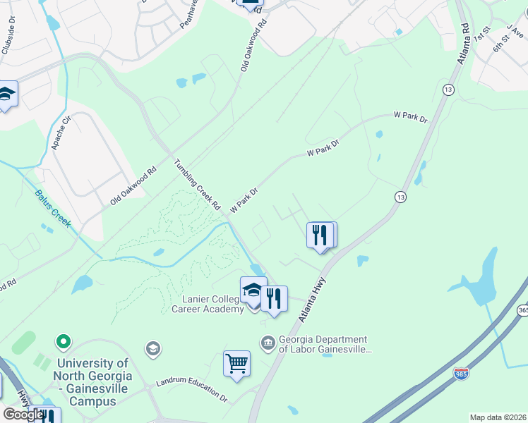 map of restaurants, bars, coffee shops, grocery stores, and more near 3031 Campus Pointe Circle in Gainesville