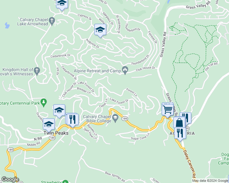 map of restaurants, bars, coffee shops, grocery stores, and more near 26388 Forest Lane in Lake Arrowhead
