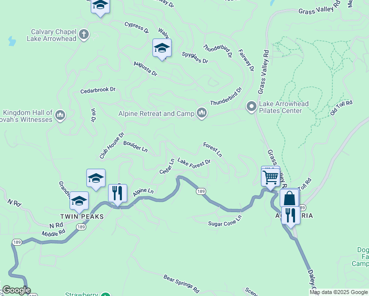 map of restaurants, bars, coffee shops, grocery stores, and more near 26388 Forest Lane in Lake Arrowhead