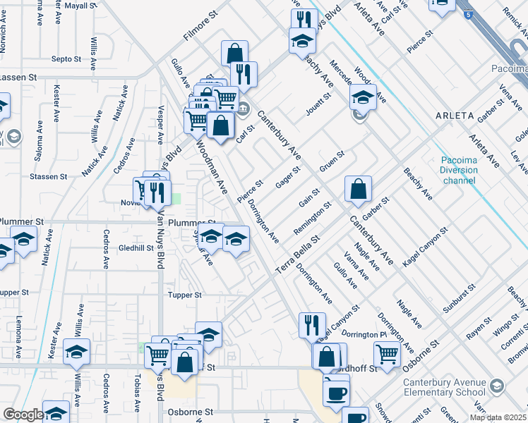 map of restaurants, bars, coffee shops, grocery stores, and more near 17614 Gager Street in Los Angeles