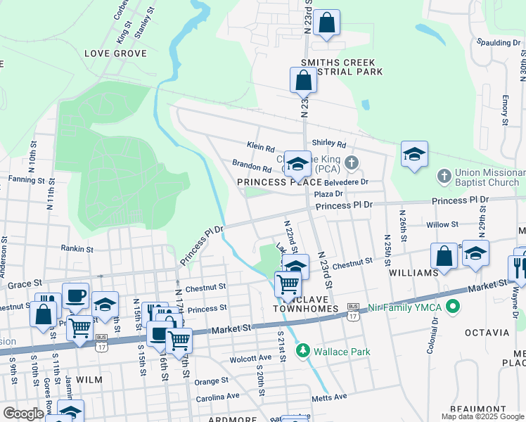 map of restaurants, bars, coffee shops, grocery stores, and more near 2107 Princess Place Drive in Wilmington