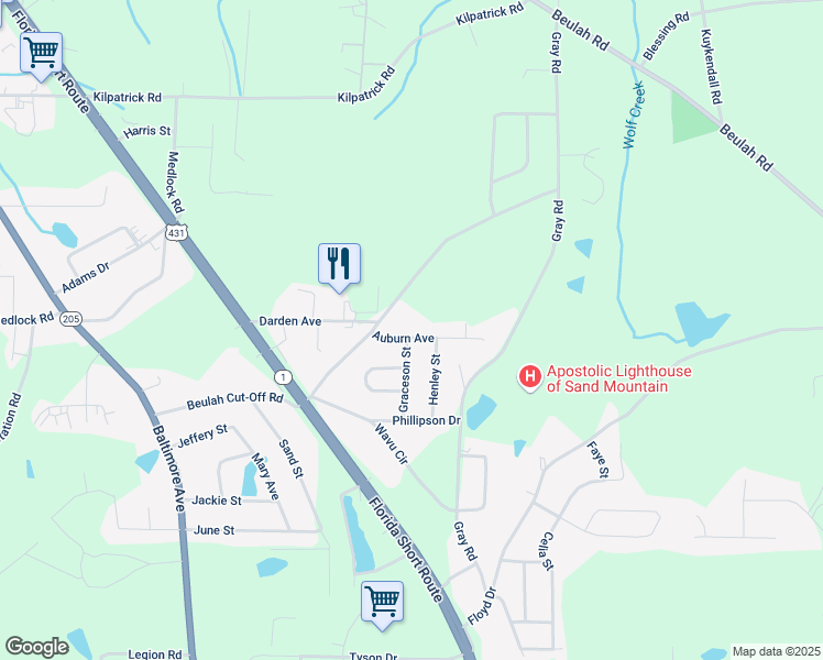map of restaurants, bars, coffee shops, grocery stores, and more near 106 Auburn Avenue in Albertville