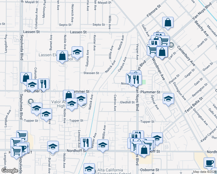 map of restaurants, bars, coffee shops, grocery stores, and more near 14727 Plummer Street in Los Angeles