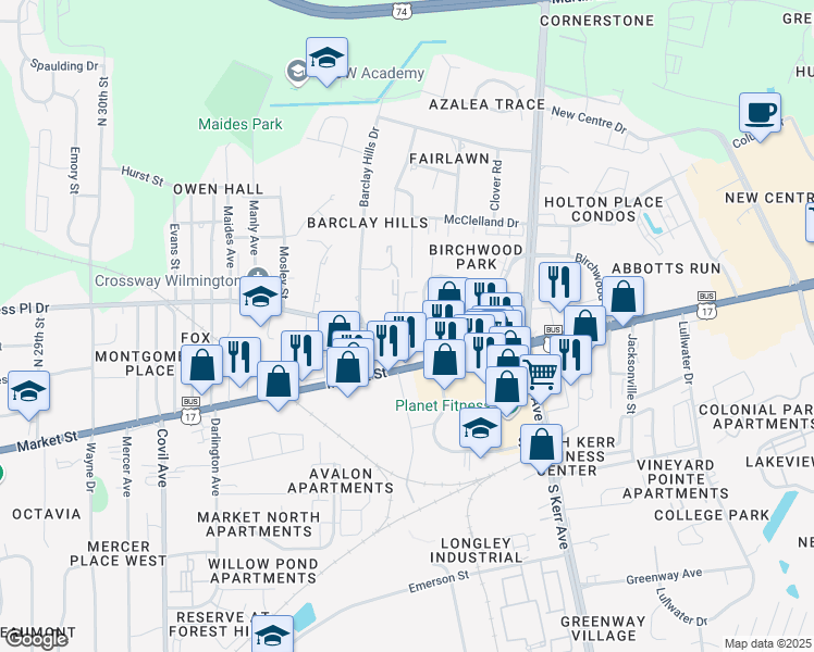 map of restaurants, bars, coffee shops, grocery stores, and more near 4105 Princess Place Drive in Wilmington
