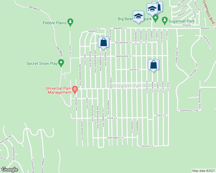 map of restaurants, bars, coffee shops, grocery stores, and more near 491 Imperial Avenue in Big Bear
