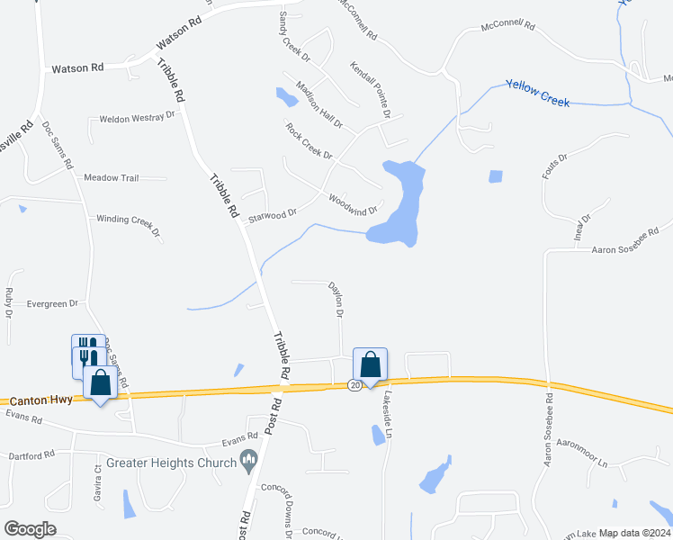 map of restaurants, bars, coffee shops, grocery stores, and more near 3610 Daylon Drive in Cumming