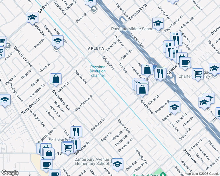 map of restaurants, bars, coffee shops, grocery stores, and more near 9518 Woodale Avenue in Los Angeles