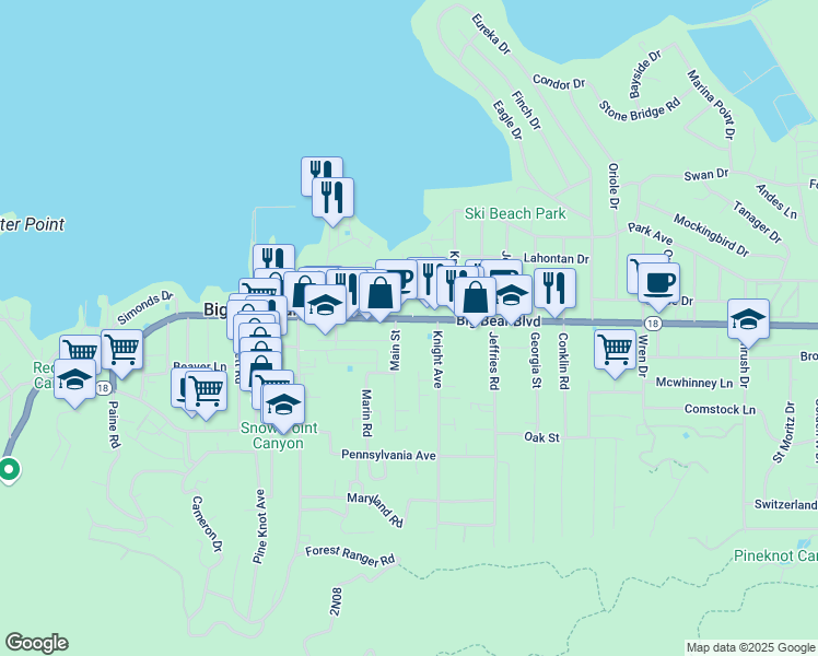 map of restaurants, bars, coffee shops, grocery stores, and more near 41091 Big Bear Boulevard in Big Bear Lake