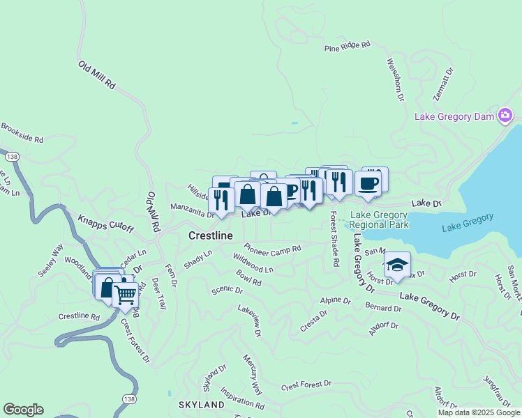 map of restaurants, bars, coffee shops, grocery stores, and more near 23889 Springwater Road in Crestline