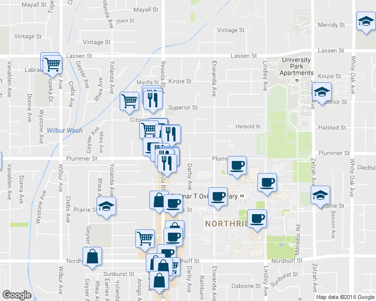 map of restaurants, bars, coffee shops, grocery stores, and more near 18411 Plummer Street in Los Angeles
