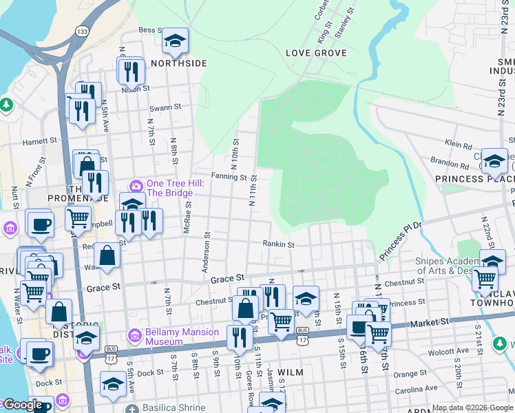 map of restaurants, bars, coffee shops, grocery stores, and more near 1004 Hanover Street in Wilmington
