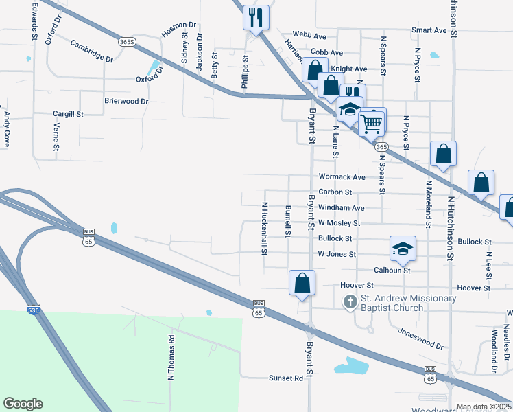 map of restaurants, bars, coffee shops, grocery stores, and more near 6201 Windham Avenue in Pine Bluff