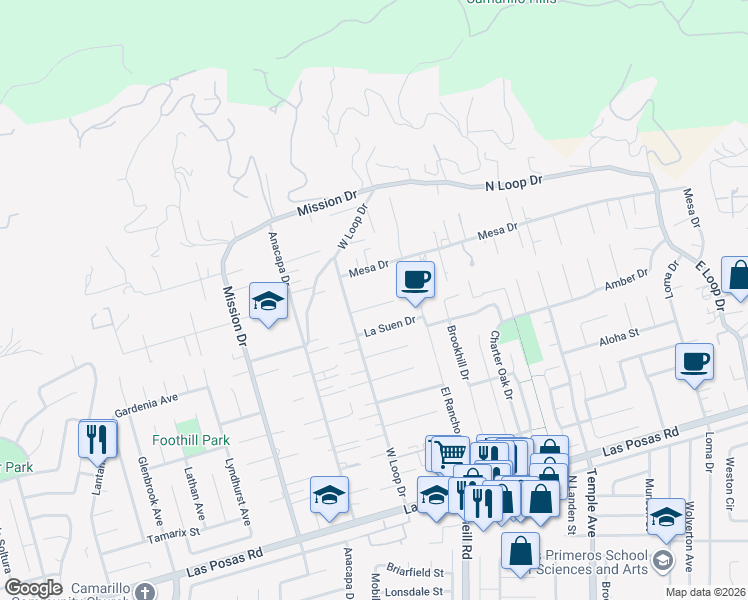 map of restaurants, bars, coffee shops, grocery stores, and more near 47 Natalie Way in Camarillo