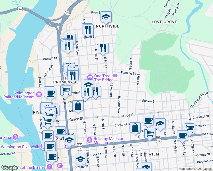 map of restaurants, bars, coffee shops, grocery stores, and more near 609 North 8th Street in Wilmington