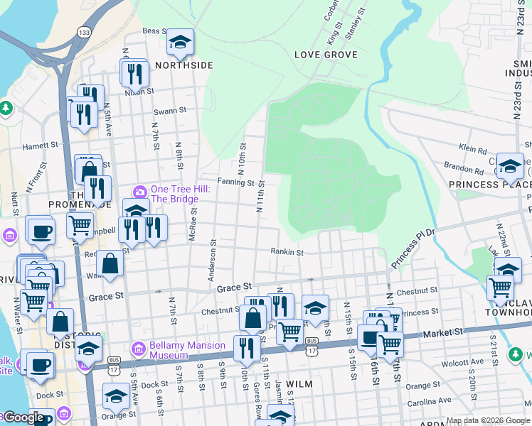 map of restaurants, bars, coffee shops, grocery stores, and more near 1004 Hanover Street in Wilmington