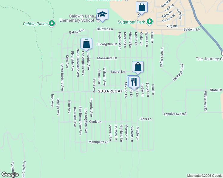 map of restaurants, bars, coffee shops, grocery stores, and more near 493 Leonard Lane in Big Bear