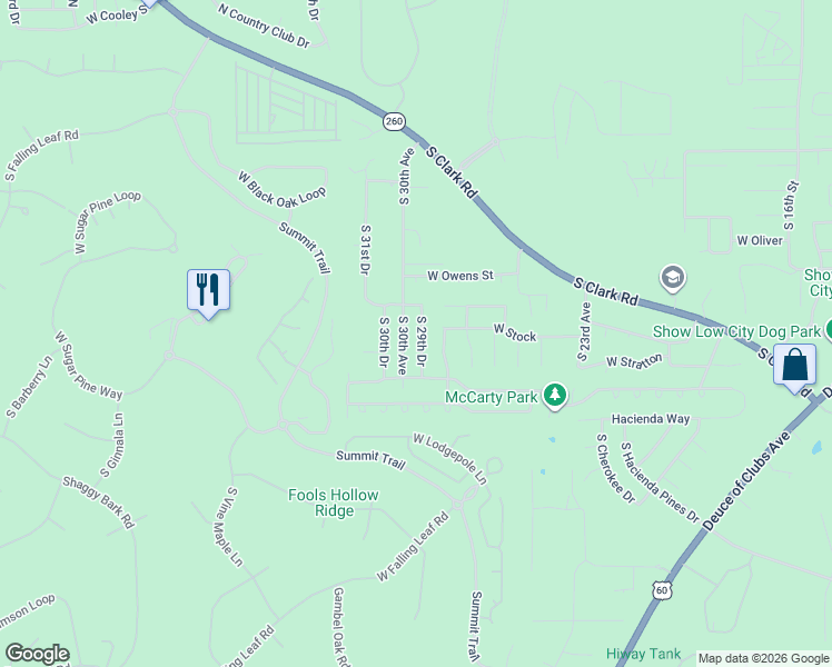 map of restaurants, bars, coffee shops, grocery stores, and more near 631 South 30th Avenue in Show Low
