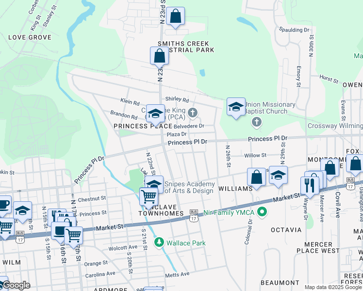 map of restaurants, bars, coffee shops, grocery stores, and more near 2318 Princess Place Drive in Wilmington