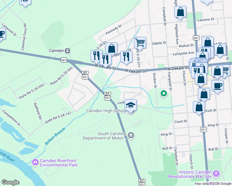 map of restaurants, bars, coffee shops, grocery stores, and more near 1114 Chestnut Ferry Road in Camden
