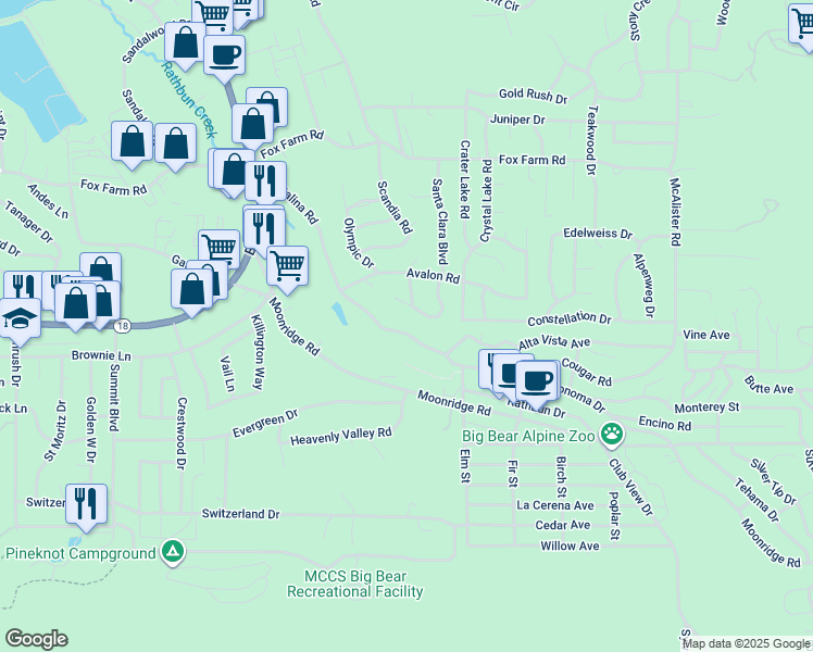 map of restaurants, bars, coffee shops, grocery stores, and more near 501 Catalina Road in Big Bear Lake