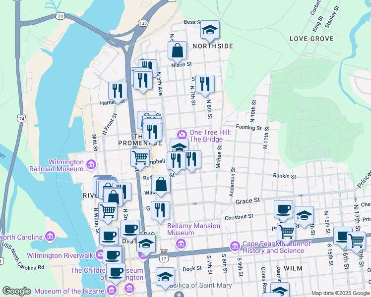 map of restaurants, bars, coffee shops, grocery stores, and more near 622 North 6th Street in Wilmington