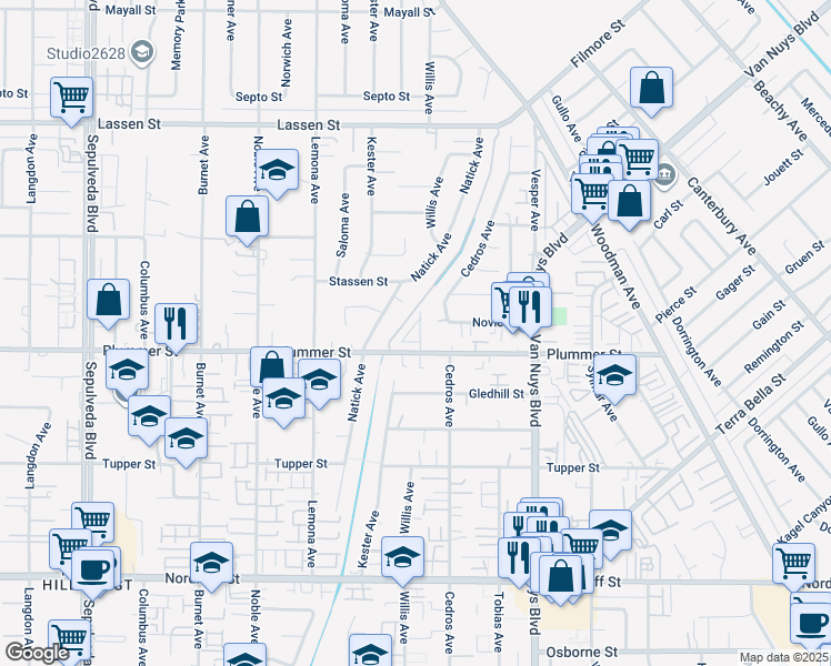 map of restaurants, bars, coffee shops, grocery stores, and more near 9504 Corterra Lane in Los Angeles