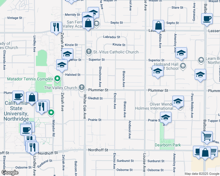 map of restaurants, bars, coffee shops, grocery stores, and more near 9500 Texhoma Avenue in Los Angeles