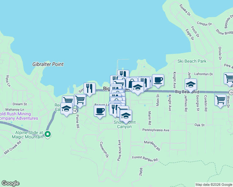 map of restaurants, bars, coffee shops, grocery stores, and more near 40797 Big Bear Boulevard in Big Bear Lake