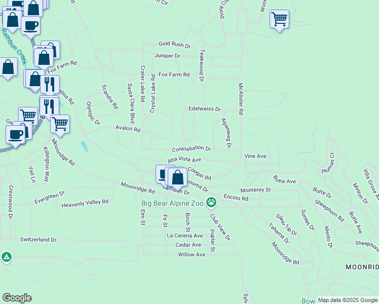 map of restaurants, bars, coffee shops, grocery stores, and more near 42703 Constellation Drive in Big Bear Lake