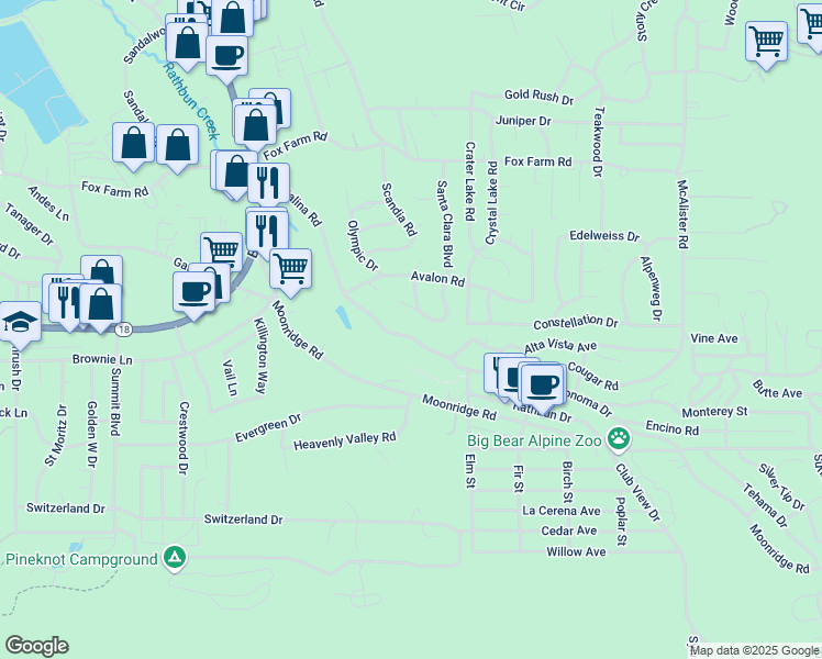 map of restaurants, bars, coffee shops, grocery stores, and more near 501 Catalina Road in Big Bear Lake