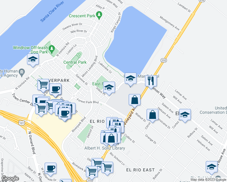 map of restaurants, bars, coffee shops, grocery stores, and more near 3103 Thames River Drive in Oxnard