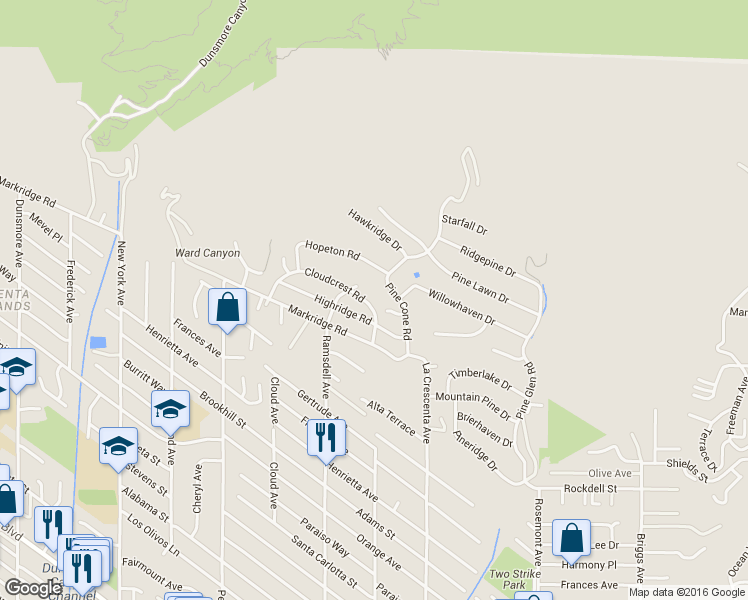 map of restaurants, bars, coffee shops, grocery stores, and more near 2943 Cloudcrest Road in La Crescenta-Montrose