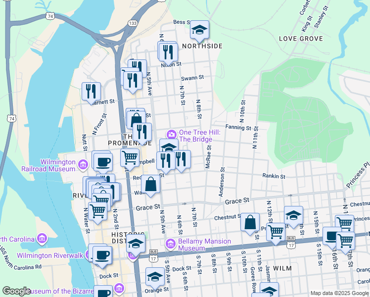 map of restaurants, bars, coffee shops, grocery stores, and more near 615 North 7th Street in Wilmington