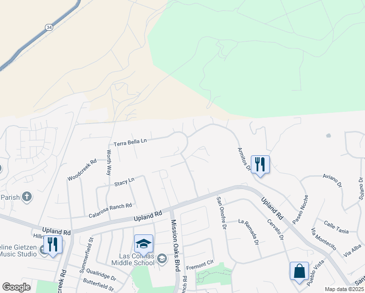 map of restaurants, bars, coffee shops, grocery stores, and more near 5985 Terra Bella Lane in Camarillo