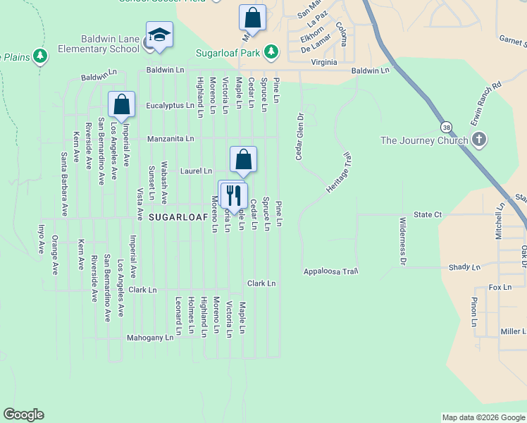 map of restaurants, bars, coffee shops, grocery stores, and more near Spruce Lane in Big Bear