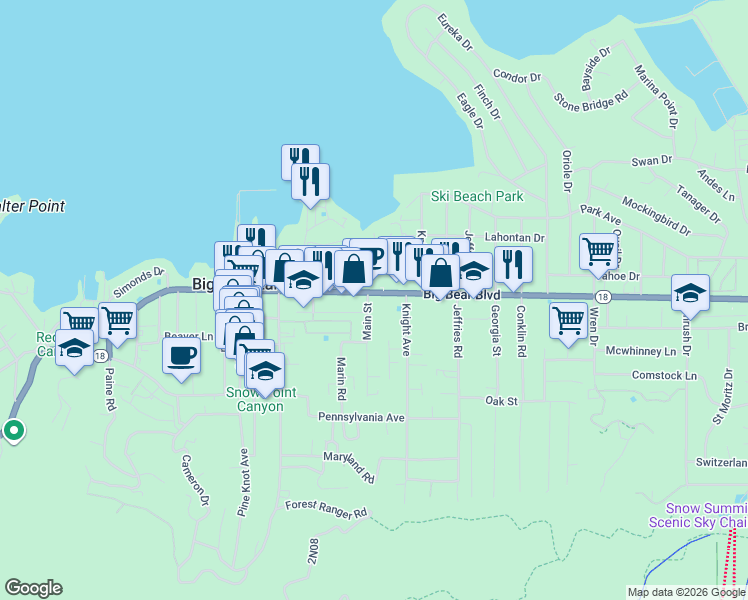 map of restaurants, bars, coffee shops, grocery stores, and more near in Big Bear Lake
