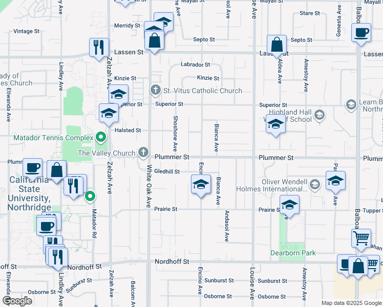 map of restaurants, bars, coffee shops, grocery stores, and more near 9500 Texhoma Avenue in Los Angeles
