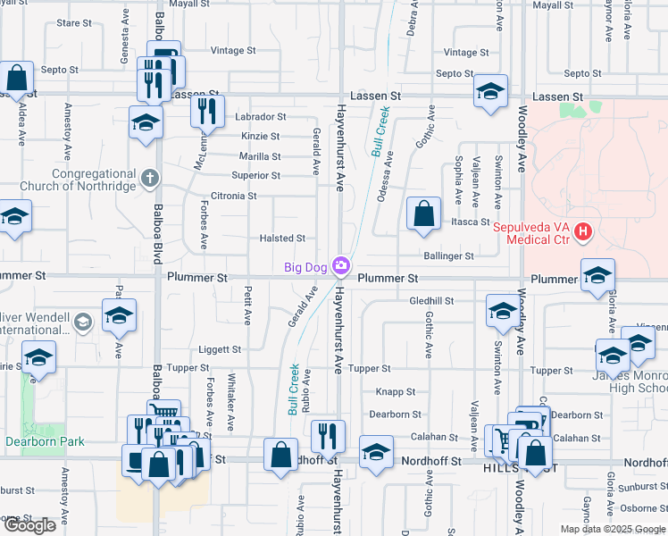 map of restaurants, bars, coffee shops, grocery stores, and more near 9517 Hayvenhurst Avenue in Los Angeles