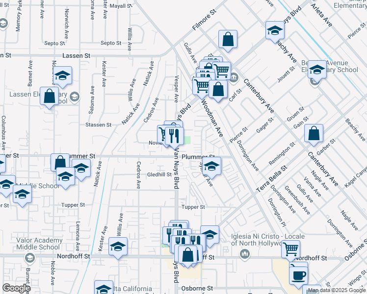 map of restaurants, bars, coffee shops, grocery stores, and more near 9510 Van Nuys Boulevard in Los Angeles