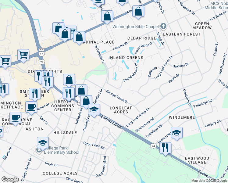 map of restaurants, bars, coffee shops, grocery stores, and more near 717 George Trask Drive in Wilmington